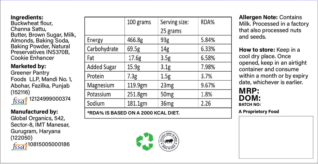 Nutritional label and ingredient list on a white background
