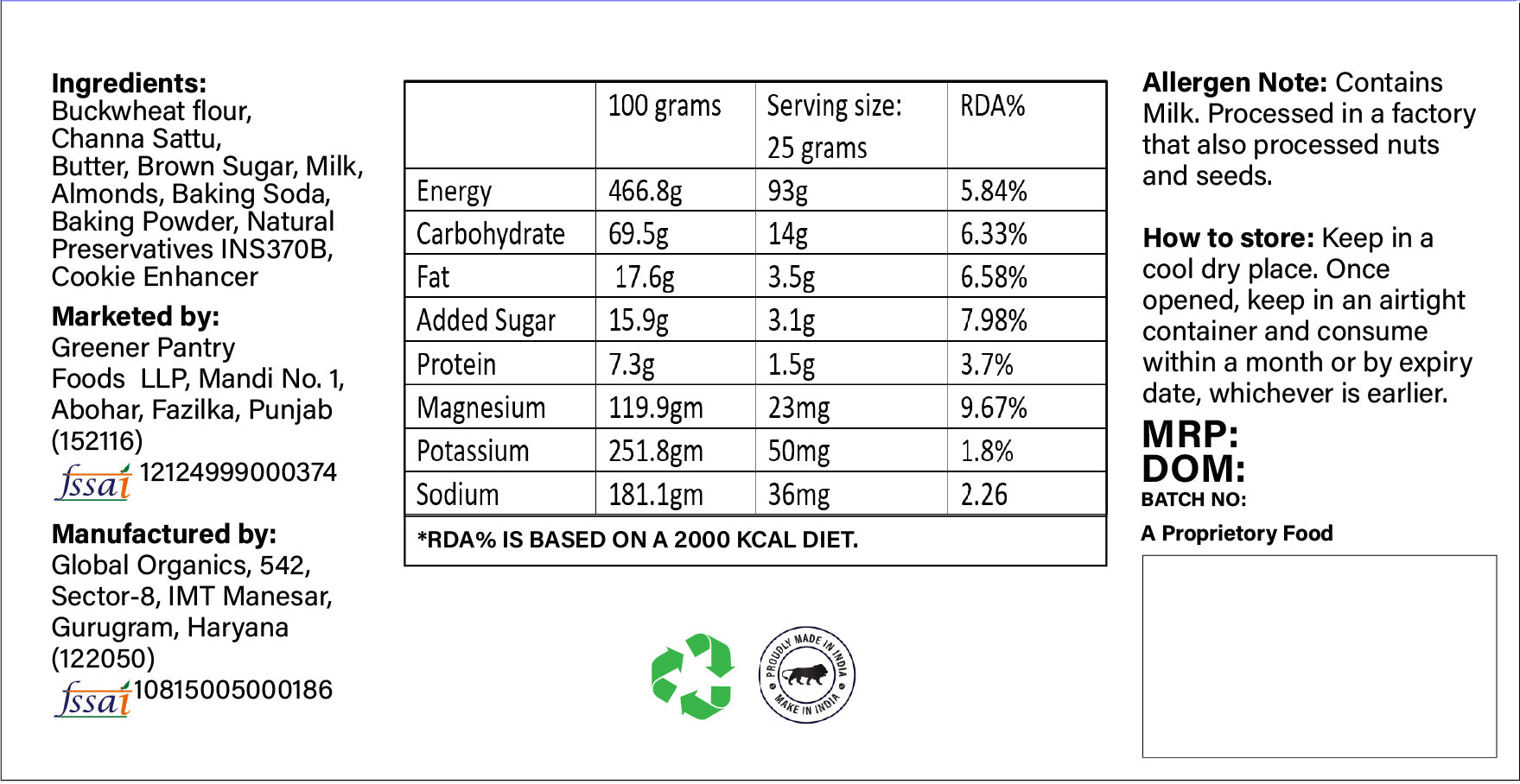 Nutritional label and ingredient list on a white background