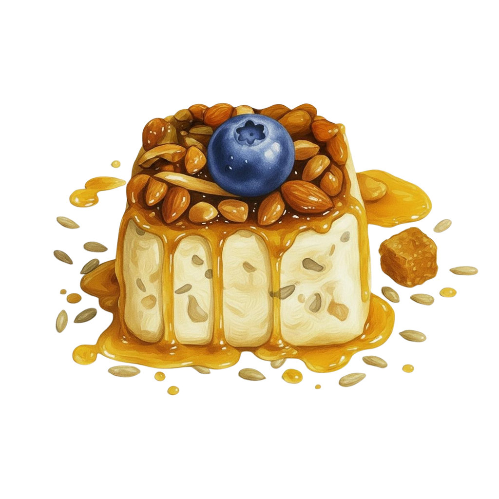 Illustration of a healthy dessert with vanilla, buckwheat, nuts, and a blueberry on a white background. 