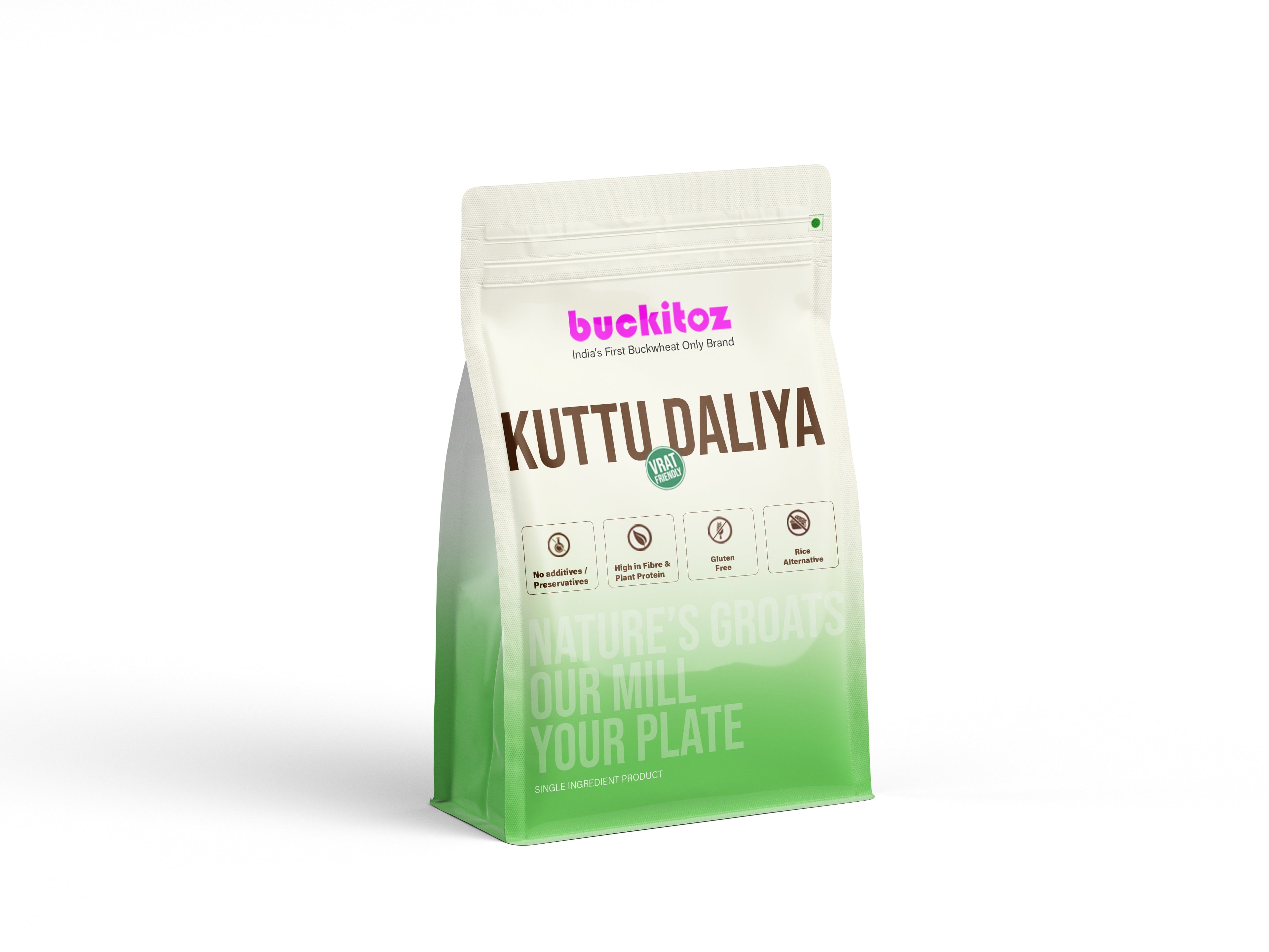 Kuttu Daliya packaging with buckitoz branding on a white background. High fiber daliya, oats replacement.