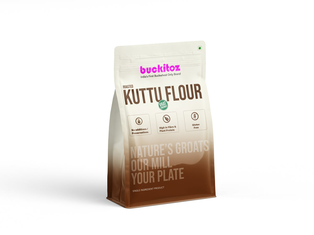 Bag of buckwheat flour with 'buckitoz' branding. Healthy flour, best flour. Gluten free flour.